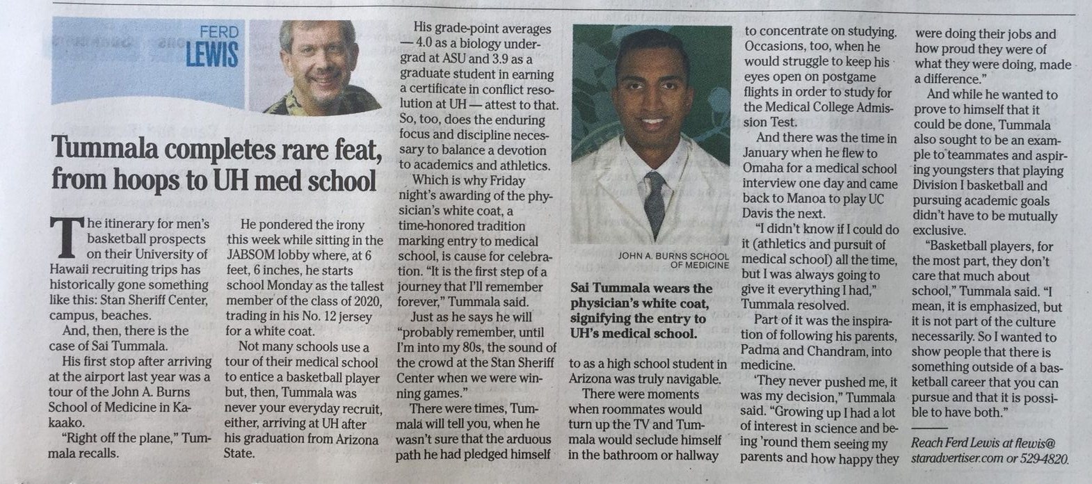 Honolulu Star-Advertiser article: Tummala completes rare feat, from hoops to UH med school