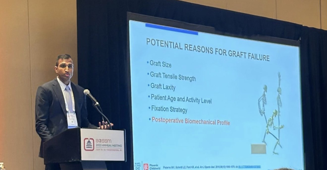 Dr. Tummala presenting research on ACL graft failure at the AOSSM 2023 Annual Meeting