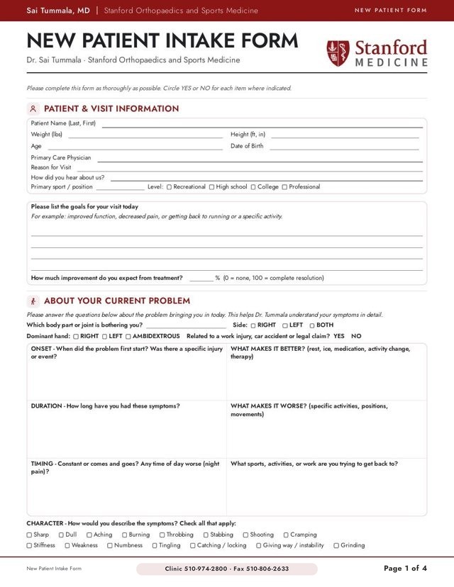 First page of the New Patient Intake Form